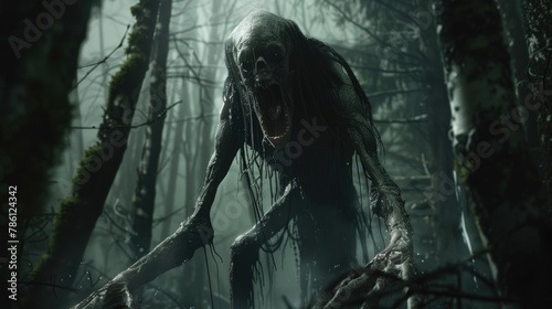 A mysterious and eerie creature walking through a thick forest filled with tall trees and dense undergrowth