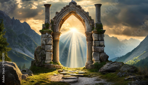 Magic stone gate with light coming through pillars. Old arch. Mysterious portal to another world