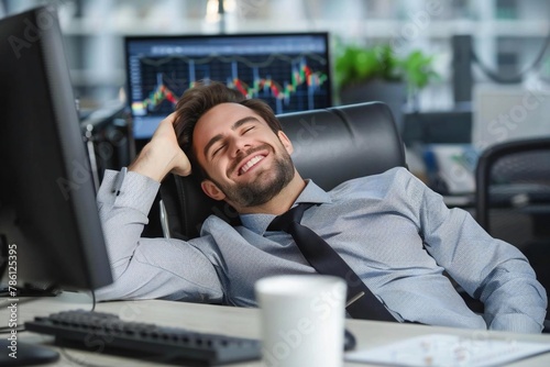 Happy trader looking at stock market graphs on computer screen in office desk