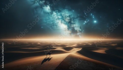 Lone camel traversing the vast, undulating sand dunes under a mesmerizing sky