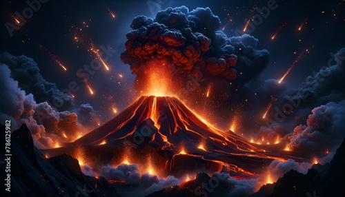 Dramatic volcanic eruption at night, with lava flows and a dark smoke plume against a fiery sky.