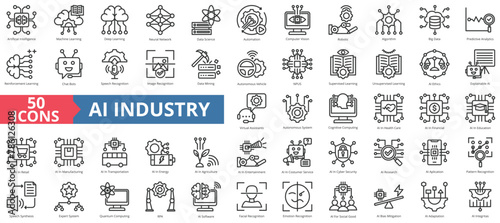 Artificial intelligence icon collection set. Containing machine learning, deep, neural network, data science, automation, computer vision, robotic icon. Simple line vector.