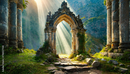 Magic stone gate with light coming through pillars. Old arch. Mysterious portal to another world