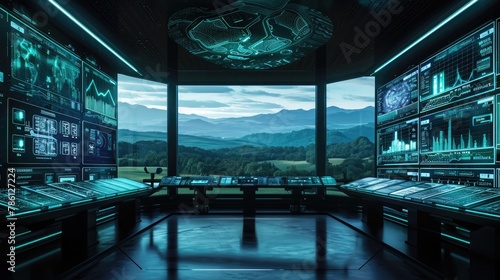 A health data analytics center with multiple screens displaying various biometrics, set against a backdrop of a tranquil countryside