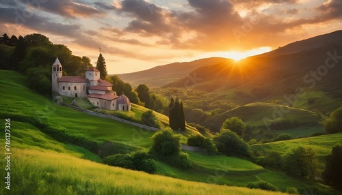 AI generated illustration of sunset light illuminates ancient village in mountain valley