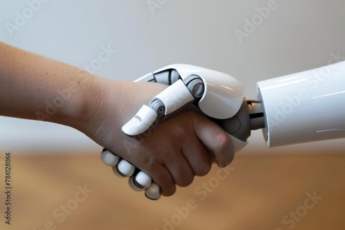 Business hand holding jigsaw puzzle pieces with robot