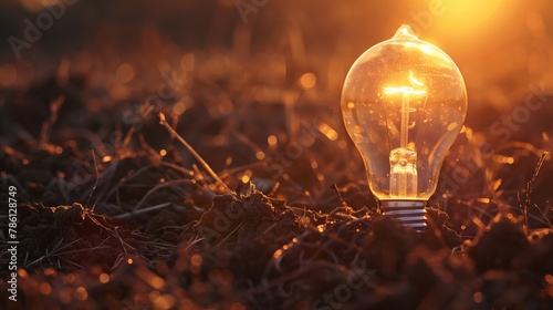 Illuminated Light Bulb in Golden Sunset Soil