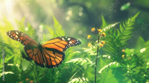 A graceful monarch butterfly, delicate wings outstretched in mid-flight, vibrant colors shimmering in the sunlight against a backdrop of lush meadow greens.