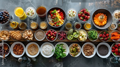  a grand brunch buffet spread, including a smoothie bowl bar with various toppings like nuts, seeds, and fruits, alongside a selection of gourmet pastries and coffee, top view