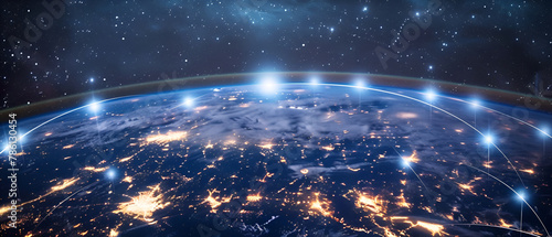 earth and light horizon from space, Earth at night, city lights from orbit , Planet earth with realistic geography surface and orbital 3D cloud atmosphere , Outer space view of world globe sphere 