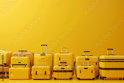 yellow suitcases of different sizes over yellow background with copy space