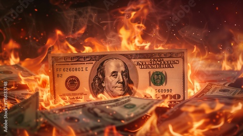 One hundred dollar bills burning on fire.