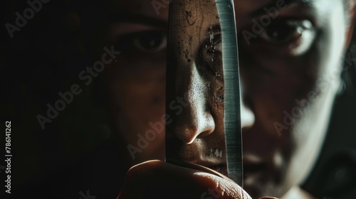 An image of a hand holding a large knife, with the victim's face reflected in the blade