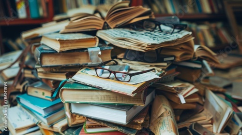 There are a lot of books and eyeglasses in this pile