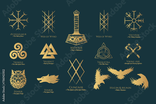Viking symbols isolated set. Golden collection of scandinavian pagan norse sign vegvisir, fenrir, Thor's Hammer, etc. Magic warrior vector illustration for t-shirt design, print, cards and stickers. 