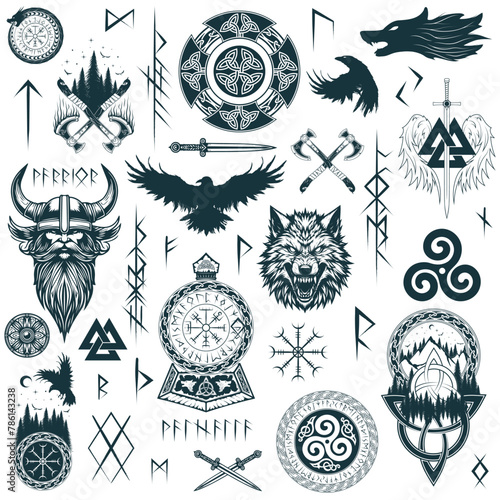 Viking runes and symbols collection. Big hand drawn isolated set of pagan norse sign vegvisir, fenrir, triskele, viking head in a helmet, shields and swords, Thor’s hammer, ravens. Scandinavian