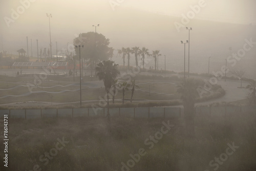 Foggy sunrise in the morning on the Mediterranean Sea, sea view, beach and park with palm trees. Vacations and relaxation by the sea.