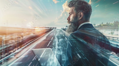 The concept depicts a business trip, with several exposures. A bearded businessman is carrying a laptop and traveling a long road. There is room for you to include your text.
