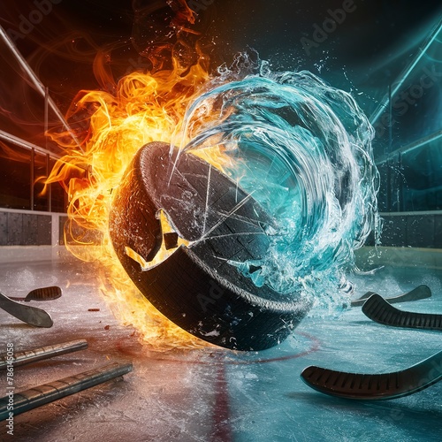 Ice hockey puck exploding by elements fire and water