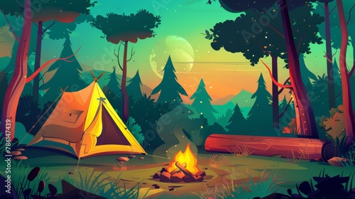 Modern cartoon landscape with campsite, trees, log, bowler on fire, tent, backpack, and lantern. Outdoor equipment for travel, hiking, and adventure vacations.