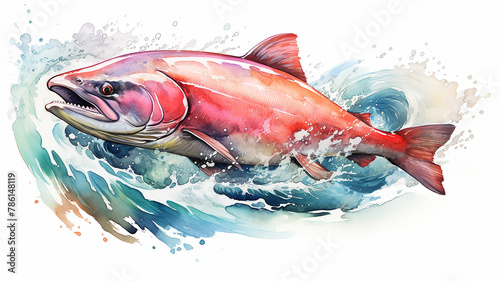 salmon trout orange speckled fish swims in the sea current in colored splashes of watercolor paints