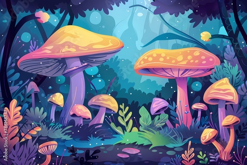 Illustration, mushrooms in the forest, background