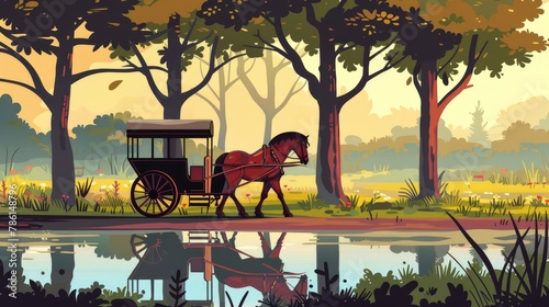 Modern cartoon fairytale illustration of summer park landscape with lake and retro horse coach. Detail of horse drawn carriage in forest with trees and pond.