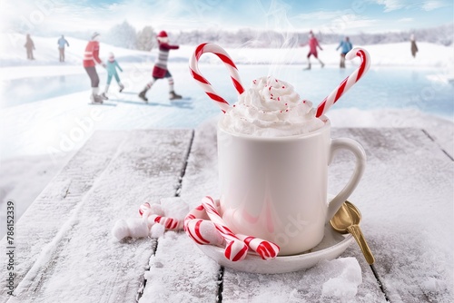 Peppermint hot chocolate with candy canes in a bright white setting