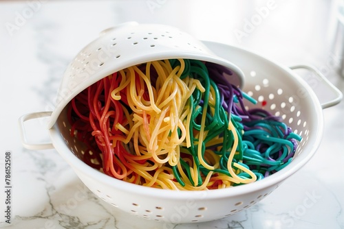 Rainbow colored spaghetti in a white colander