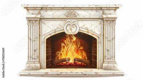 Modern illustration of hearth in stone frame without pilasters and empty mantelpiece isolated on white background. White marble fireplace for home interior in classic style.