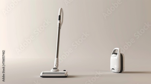 Design of a cordless white vacuum cleaner with handle station. 