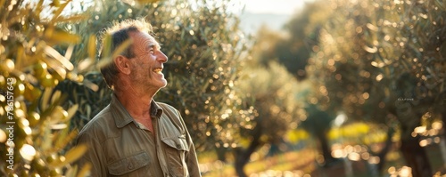 A happy older male farmer looking for the Olive trees in her farm.