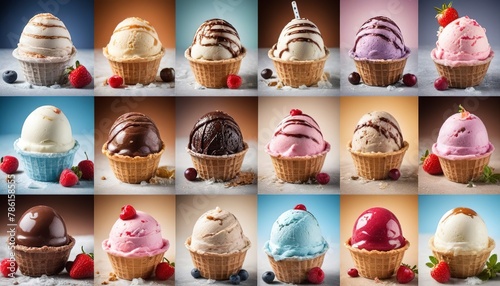 Variety of ice cream, pops and cold desserts collage