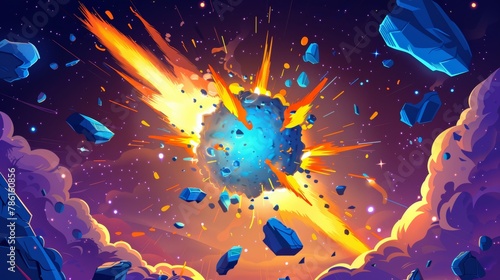 Modern cartoon illustration of galaxy with stars and a blue sphere blasting off from a planet explosion, asteroid, or meteorite.