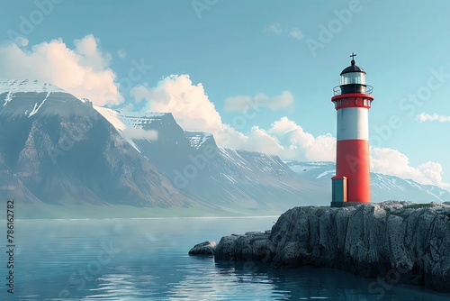 Explore the theme of maritime adventures through a digital rendering technique, using a photorealistic approach to depict a minimalist design of a lighthouse against a dramatic sky Incorporate unexpec