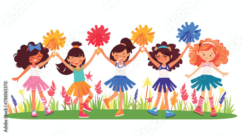 Girls kids cheerleaders holding pompons and dancing 
