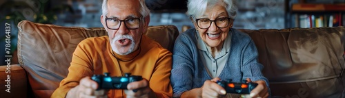 Retired friends in an intense gaming duel, joyous faces, clean setting,
