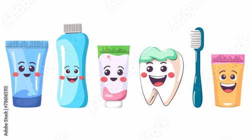 Cartoon cartoon character depicting a smiling mouthwash bottle, toothbrush, paste tube, and floss. Modern illustration of oral hygiene and dentistry.