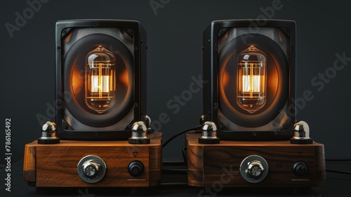 On a black background, two sound speakers are attached to a vacuum tube amplifier.