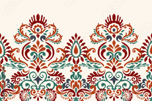 Damask Ikat floral pattern on white background vector illustration. 