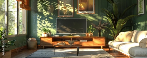 Modern elegance with this 3D-rendered living room, accentuated by a striking forest green backdrop.