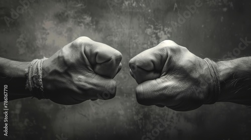 The clash of two fists on a toned background is a symbol of confrontation, fight, and domestic violence.