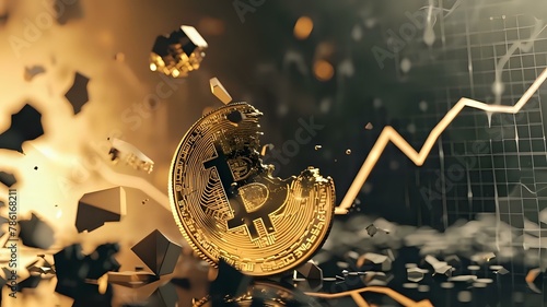 Dark luxury background with falling gold coin and bitcoin logo in 3D rendering