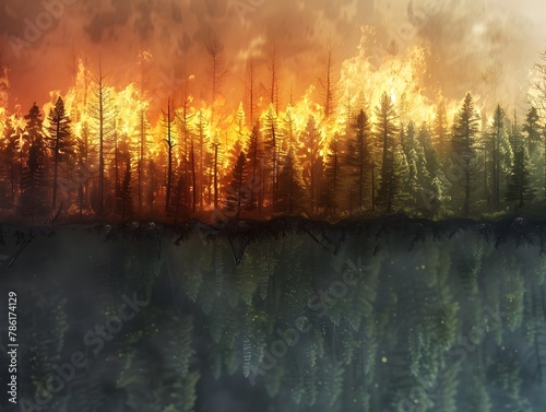 Dramatic Wildfire Transformation of Forested Landscape Showcasing Destruction and Eventual Regrowth