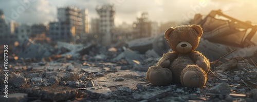 Desolate teddy bear amidst the ruins of a devastated city after an earthquake highlighting the vulnerability and tragedy