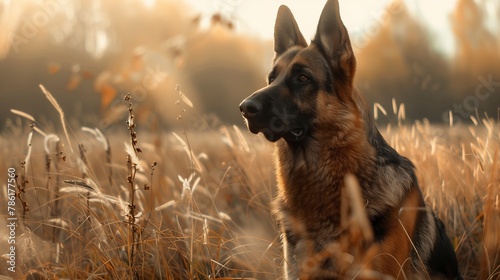 German Shepherd dog in tall grass field, carnivore with fawn snout
