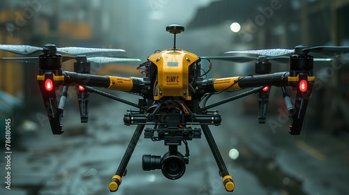 A yellow and black aircraft with a camera is flying in the rain