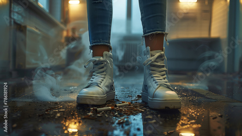 Gumshoe sneaker stepped on cigarettes on a floor. Quitting smoking concept. World No tobacco day. Young girl wearing white sneakers destroy cigarette by foot. Stop smoking in public area concept