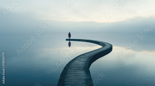 A solitary figure strolls down a winding pier surrounded by tranquil, fog-blanketed water at dawn
