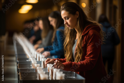 A focused woman in a red jacket lights candles along a row with others participating in the background
